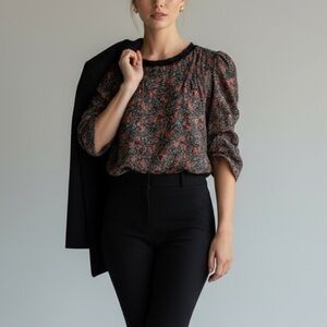 Avec Les Filles Ditsy Floral Puff Ruched Sleeve Boho Girly Blouse Large